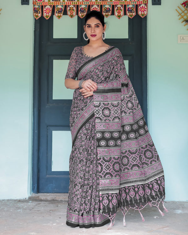 Black Mauve Traditional Ajrakh Printed Elegant Linen Cotton Saree | 763