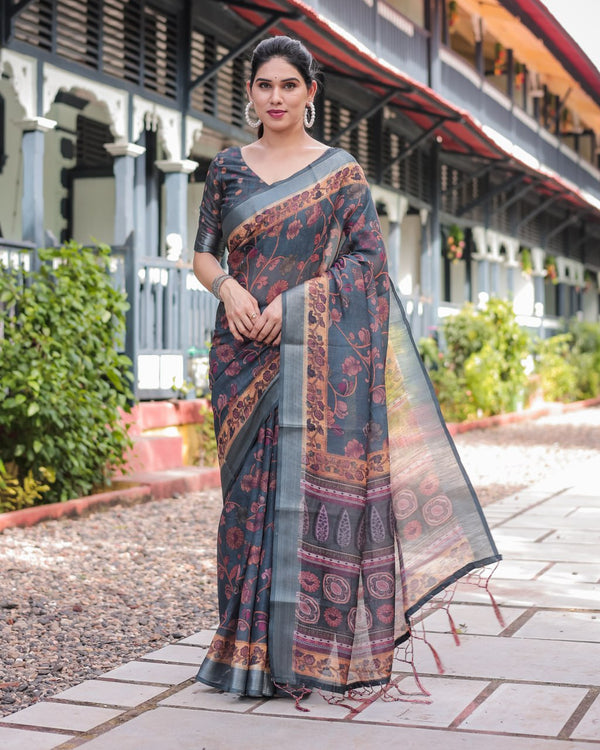 Elegant Charcoal Grey Floral Print Linen Cotton Saree | 771