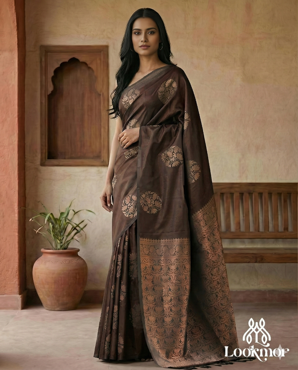 Lookmor Elegant Brown Banarasi Silk Saree with Golden Floral Zari Work #62 | Premium Traditional Indian Saree for Wedding & Festive Wear