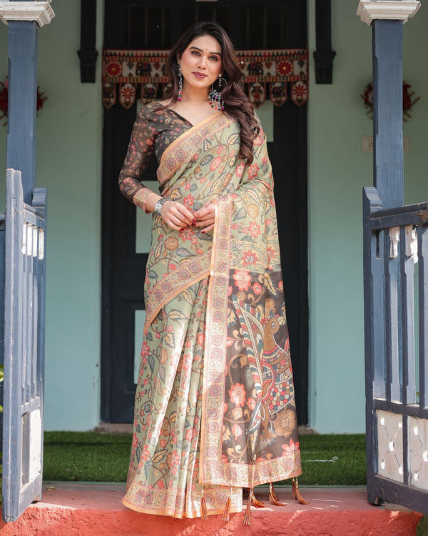 ✨Elegant Olive Green & Sage Green base with Rust Brown Digital Print Silk Saree!  ✨