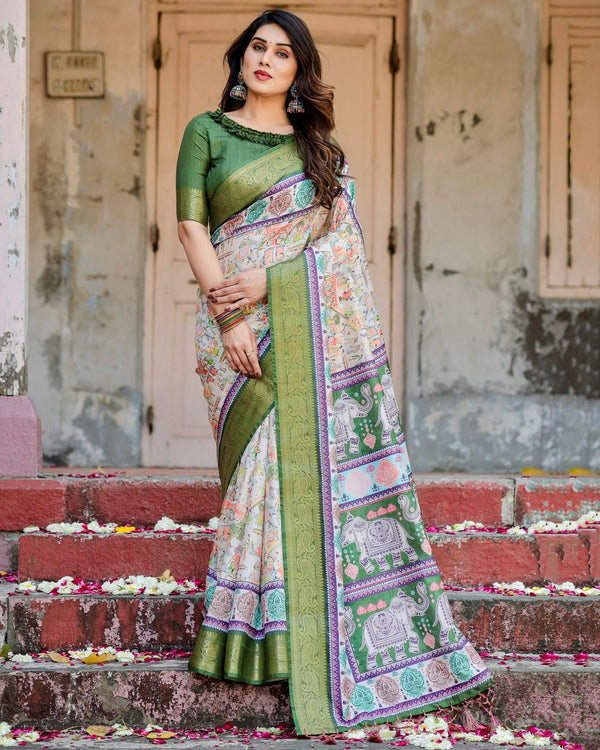 💚 Regal Grace – Green & Ivory Digital Print Silk Saree! 💚 |  Tussar 1102