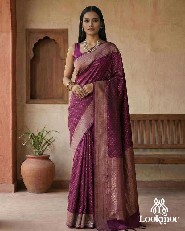 Lookmor Wine Purple Banarasi Silk Saree with Rich Golden Zari Border #123 | Elegant Wedding & Festive Wear Saree for Women