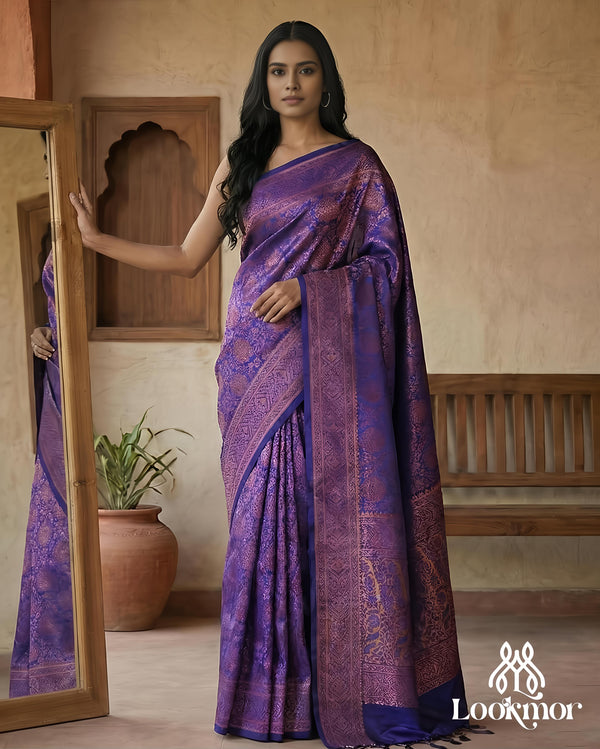 Lookmor Royal Purple Banarasi Silk Saree with Antique Zari Weaving #56 | Premium Festive & Wedding Wear Saree for Women