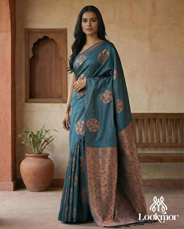 Lookmor Teal Blue Banarasi Silk Saree with Antique Copper Zari Motifs #62 | Elegant Wedding & Festive Wear Saree for Women