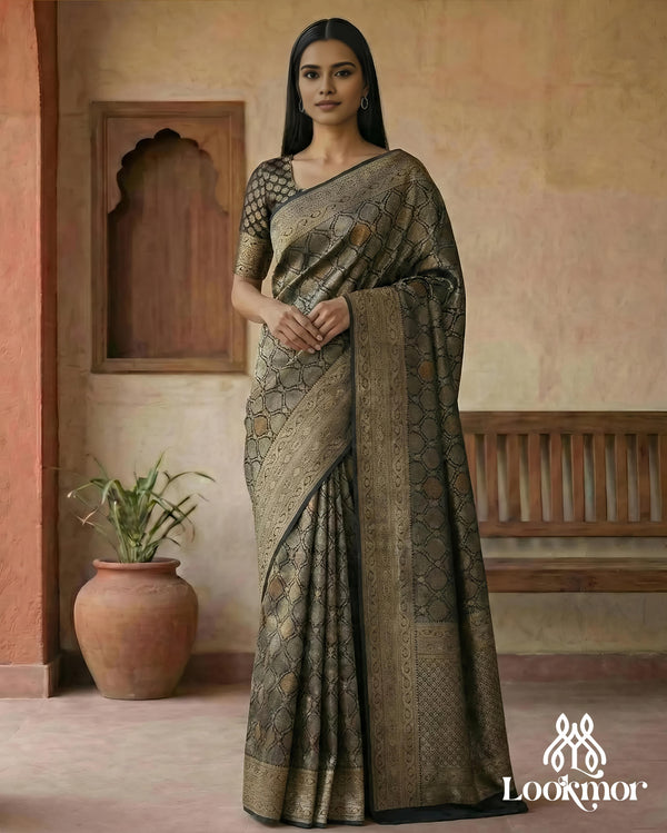 Lookmor Premium Banarasi Silk Saree for Women #172 | Black & Antique Gold Designer Wedding Party Wear Saree