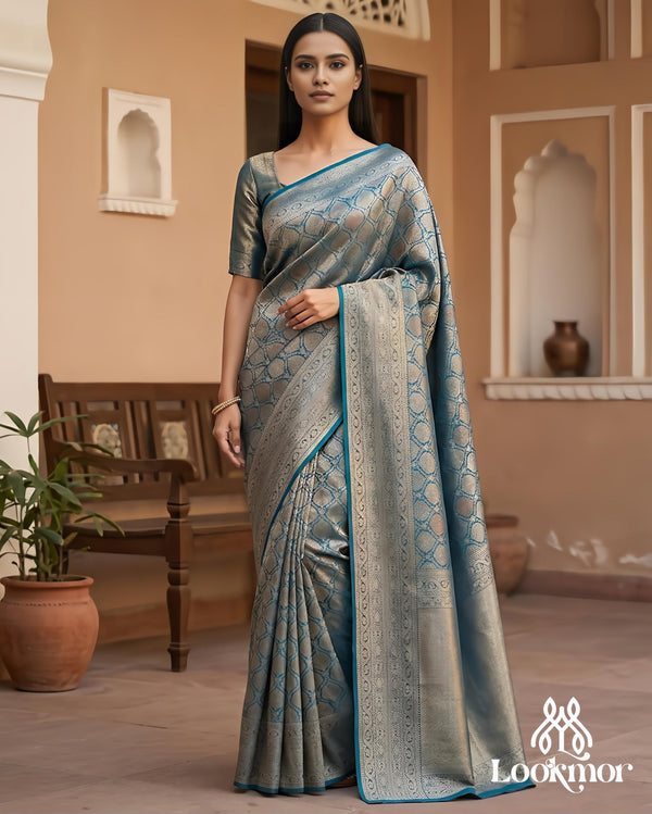 Lookmor Premium Banarasi Silk Saree for Women #172 | Teal Blue & Silver Designer Wedding Party Wear Saree