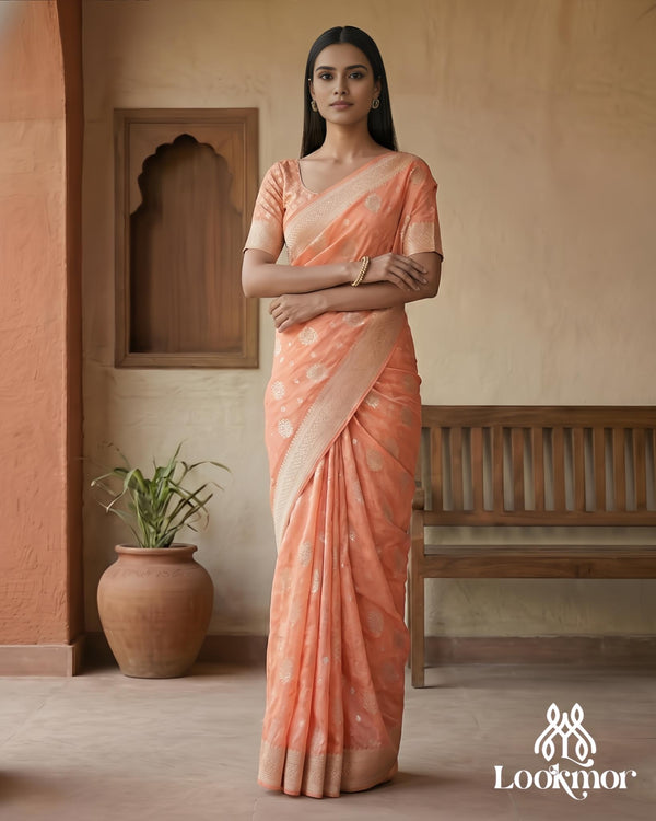 Lookmor Premium Banarasi Silk Saree for Women #105 | Peach & Gold Designer Wedding Party Wear Saree