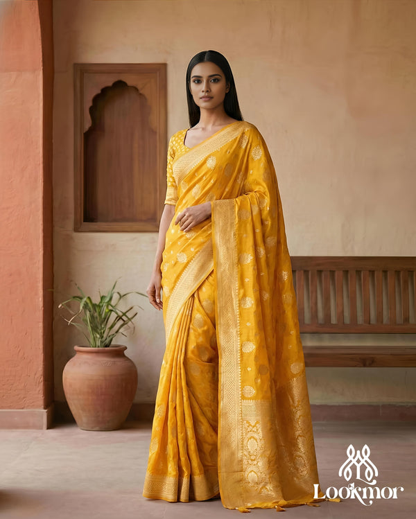 Lookmor Premium Banarasi Silk Saree for Women #105 | Mustard Yellow & Gold Designer Wedding Party Wear Saree