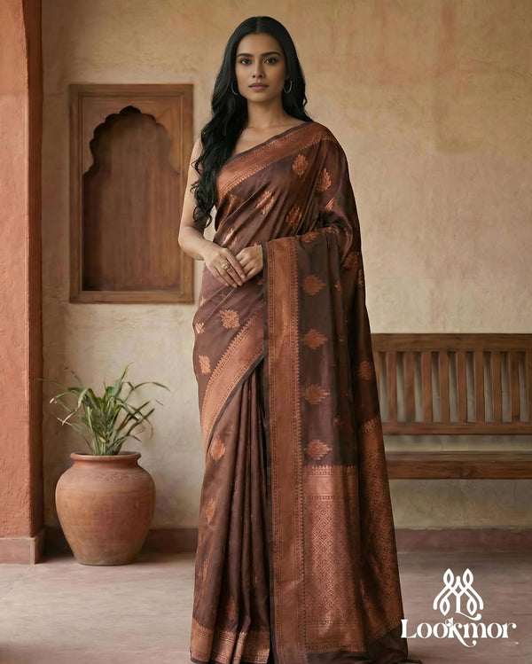 Lookmor Elegant Coffee Brown Banarasi Silk Saree with Rich Copper Zari Work #72 | Premium Traditional Saree for Wedding & Festive Wear