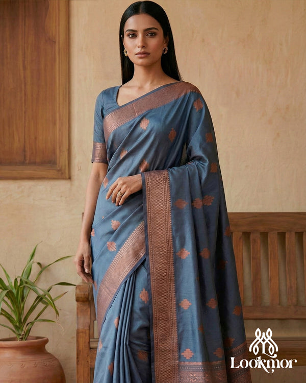 Lookmor Elegant Steel Blue Banarasi Silk Saree with Rich Copper Zari Motifs #72 | Premium Traditional Saree for Wedding & Festive Wear