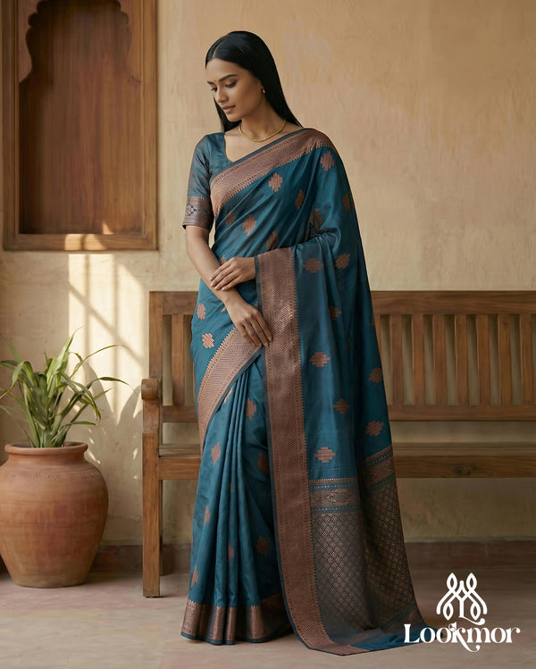 Lookmor Premium Peacock Blue Banarasi Silk Saree with Rich Copper Zari Work #72 | Elegant Traditional Saree for Wedding & Festive Wear
