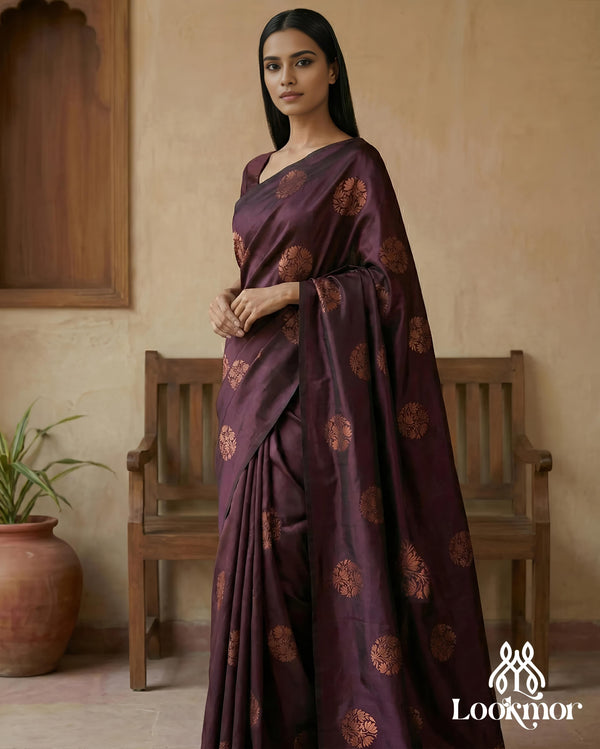Lookmor Premium Wine Purple Banarasi Silk Saree with Rich Copper Zari Motifs #62 | Elegant Traditional Saree for Wedding & Festive Wear