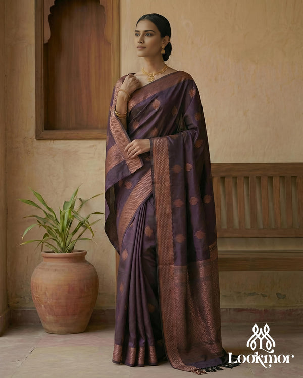 Lookmor Premium Royal Wine Banarasi Silk Saree with Rich Copper Zari Motifs #72 | Elegant Traditional Saree for Wedding & Festive Wear