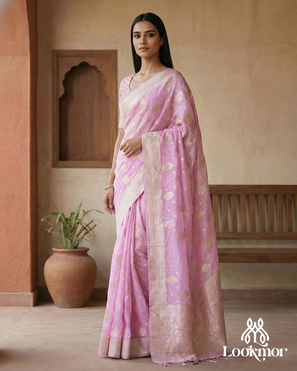Lookmor Premium Banarasi Silk Saree for Women #105 | Soft Pink & Gold Designer Wedding Party Wear Saree