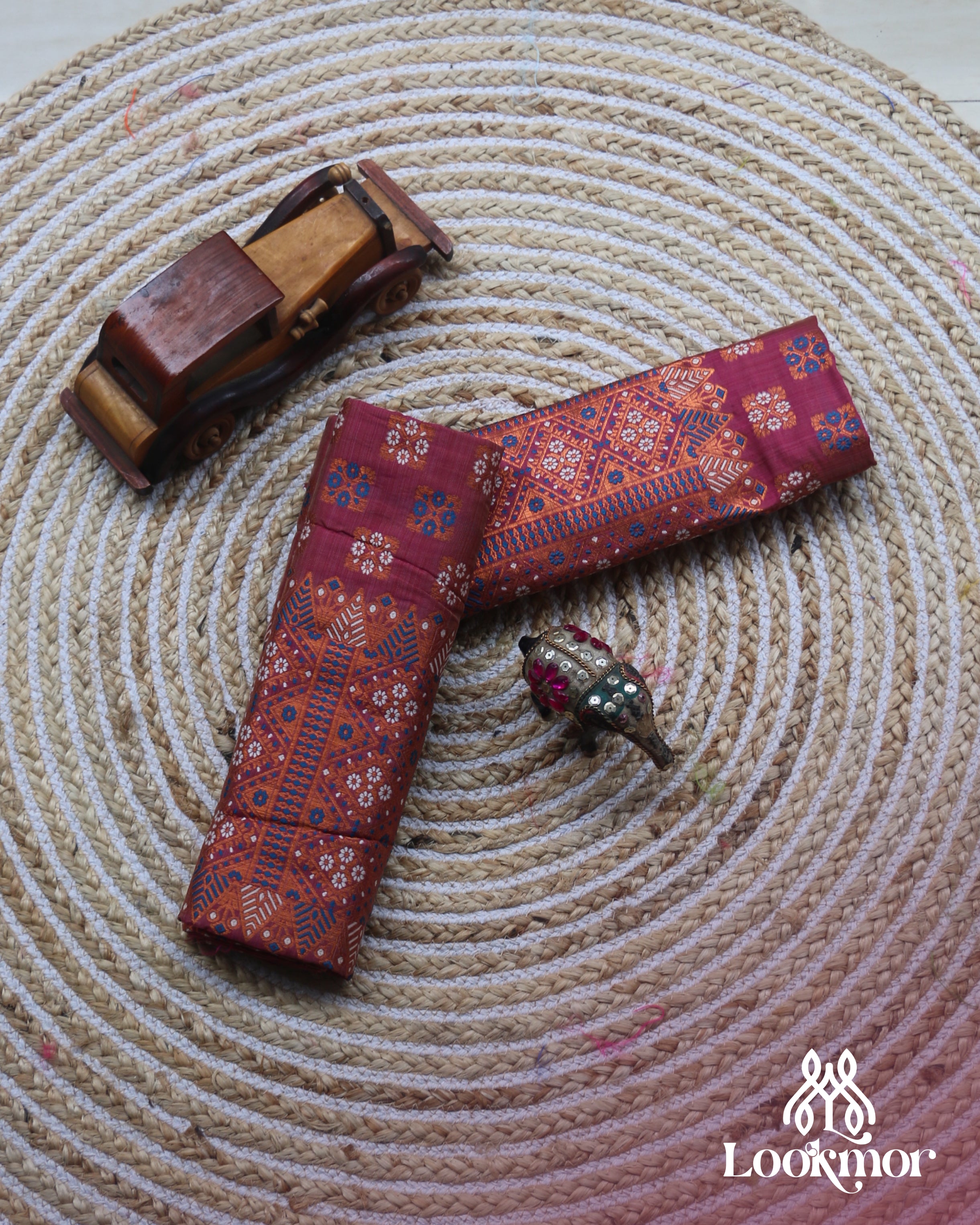 Wine Copper Jari Super Semi Paat Set Mekhela Sador
