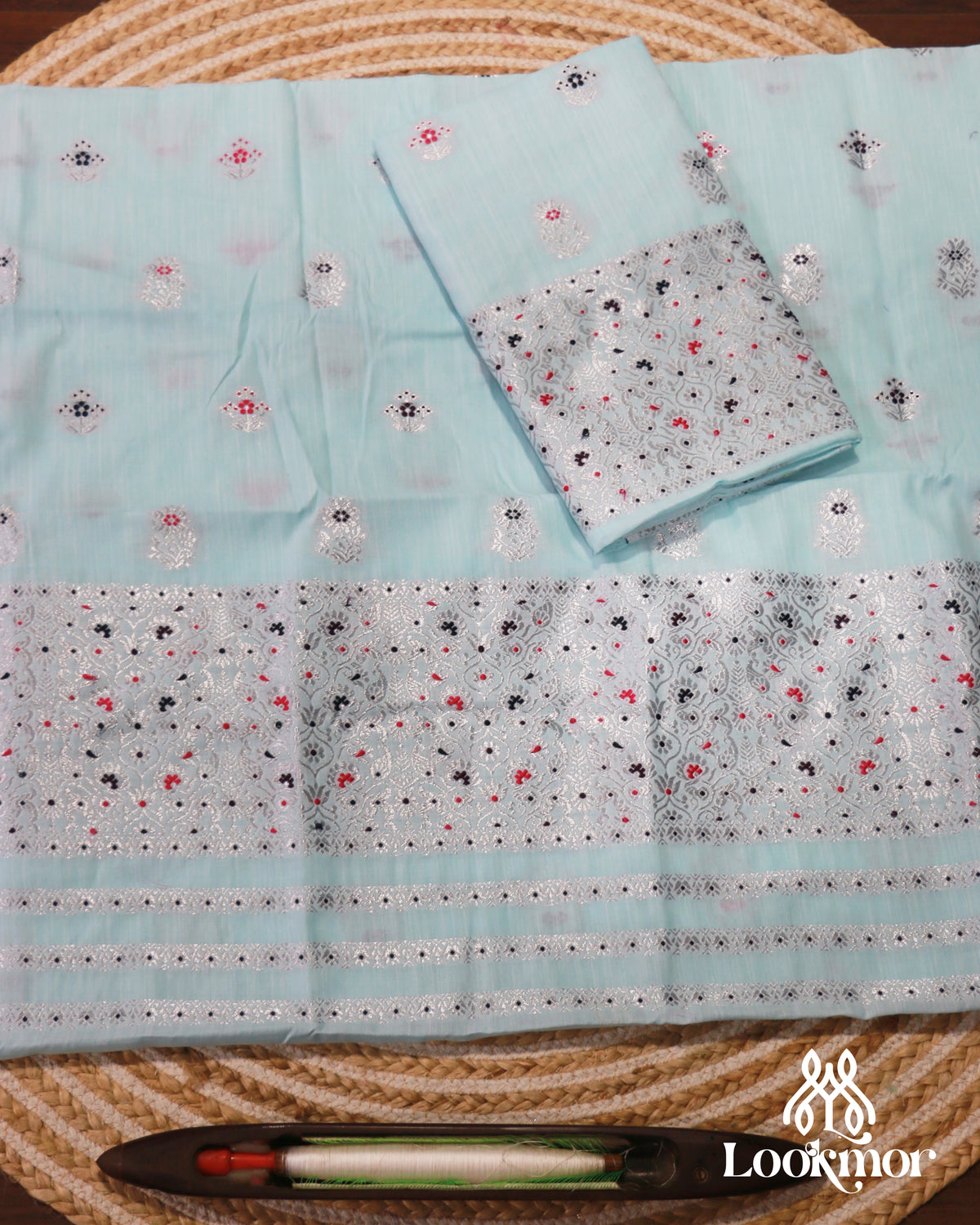 Elegant Blue Cotton Kesapaat Mekhela Sador in Floral Motif with Graceful Jura Pairing
