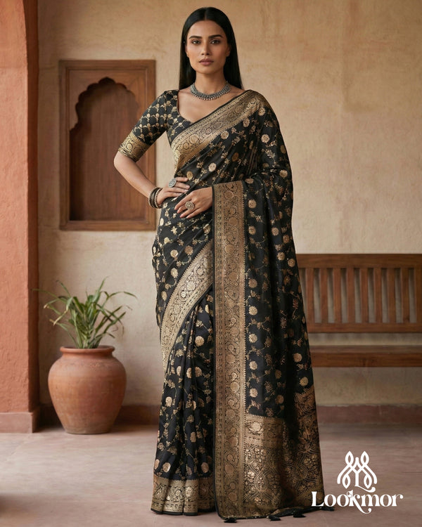 Lookmor Black Banarasi Silk Saree with Golden Zari Work #112