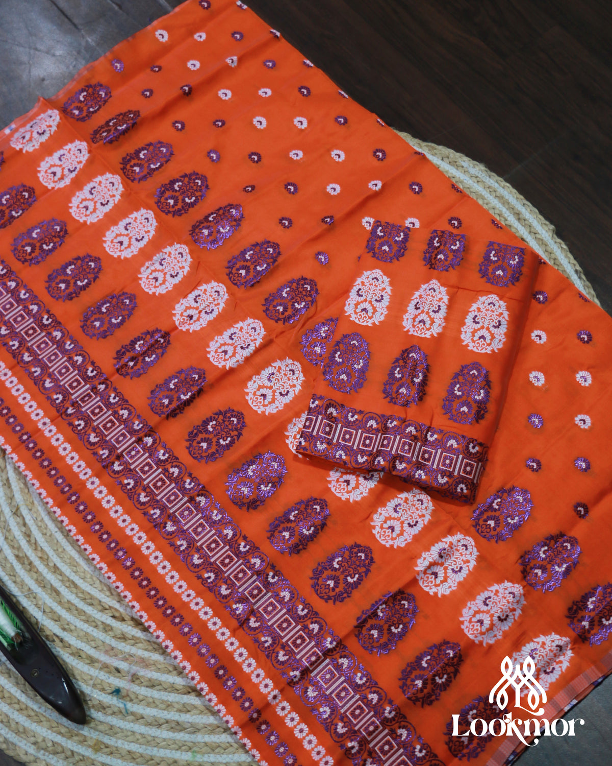 Fiery Orange Semi Pat Mekhela Sador with Vibrant Festive Spirit