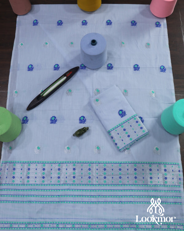 Elegant Light-Blue Cotton Kesapaat Set Mekhela Sador with Matching Jura