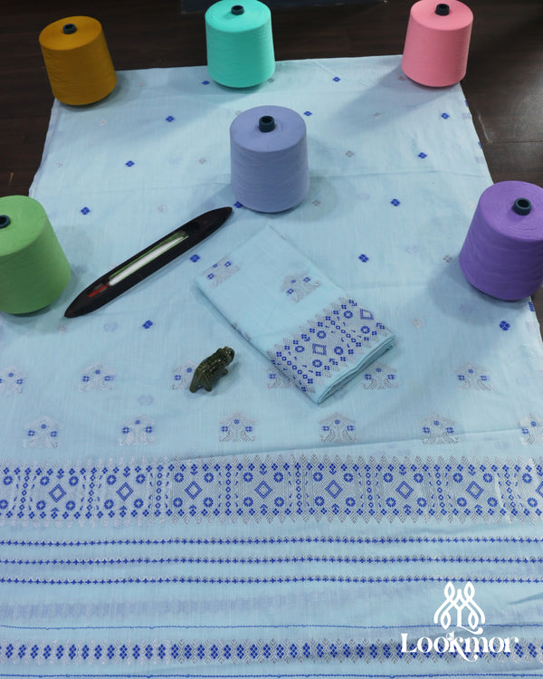 Soothing Light Blue Cotton Kesapaat Woven Mekhela Sador Ensemble with Classic Jura Finish