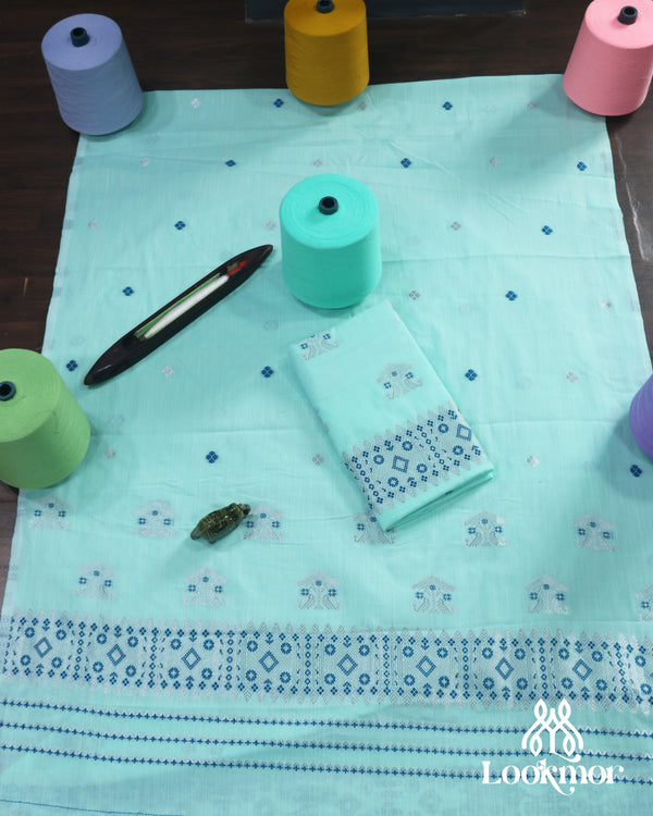 Trendy Cyan Cotton Kesapaat Set Mekhela Sador in Contemporary Weave with Matching Jura