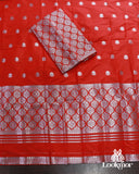 Red Semi Paat Mekhla Chador with Silver Jari – Elegant Assamese Traditional