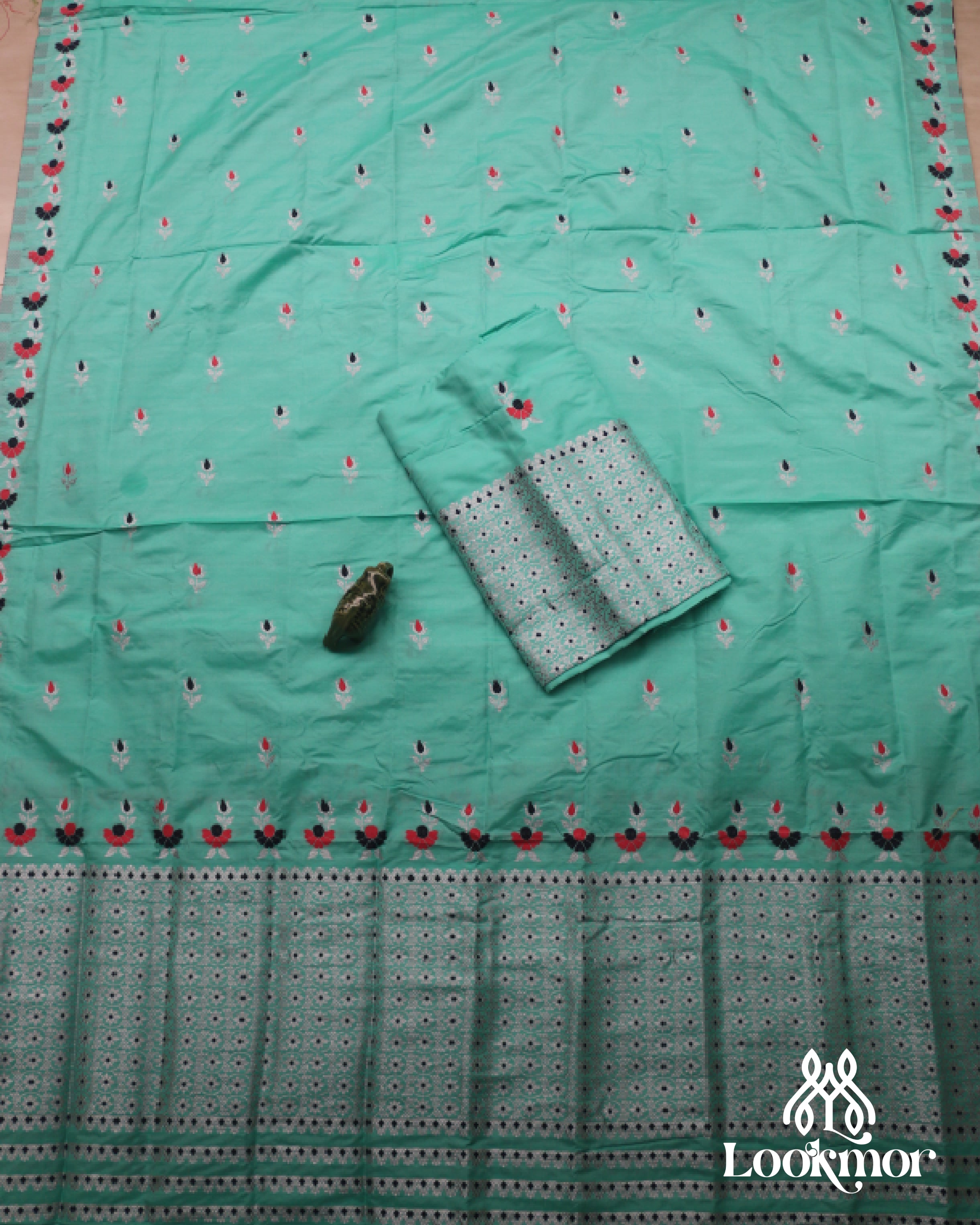 Sky-Blue Premium Semi paat Set Mekhela Sador