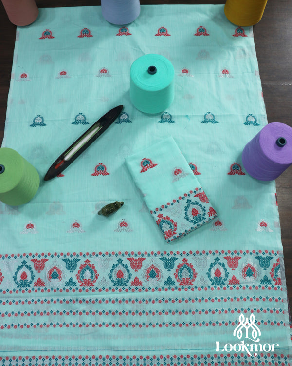 Elegant Cyan Cotton Kesapaat Mekhela Sador Set with Geometric Woven Patterns and Jura