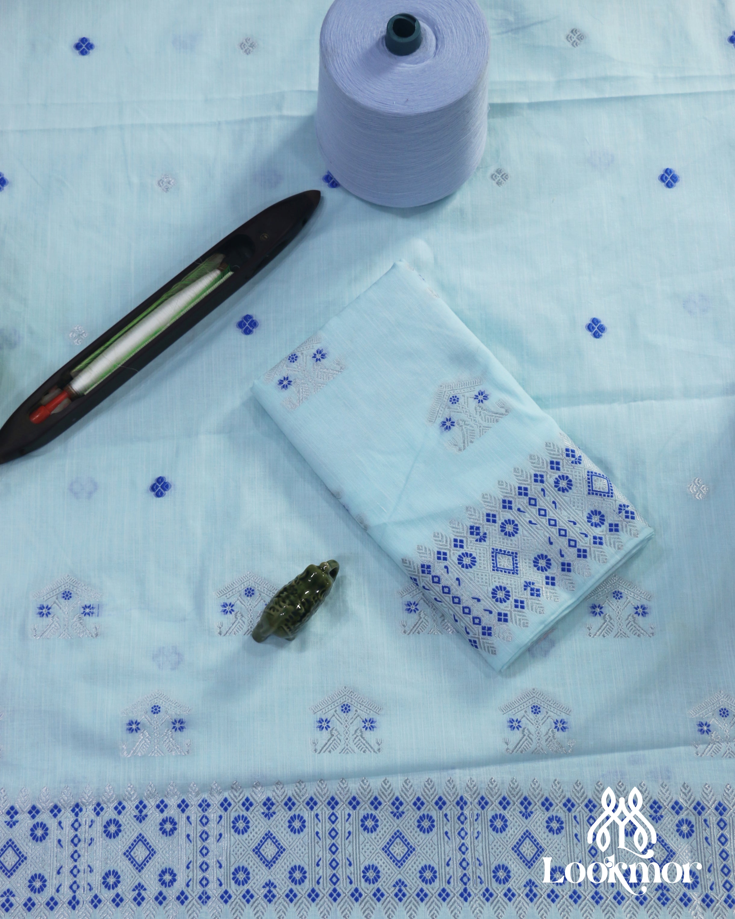 Soothing Light Blue Cotton Kesapaat Woven Mekhela Sador Ensemble with Classic Jura Finish