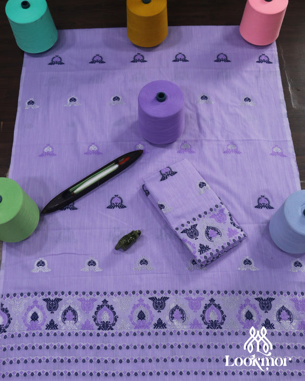 Majestic Purple Cotton Kesapaat Mekhela Sador Set in Royal Paisley Design with Traditional Jura
