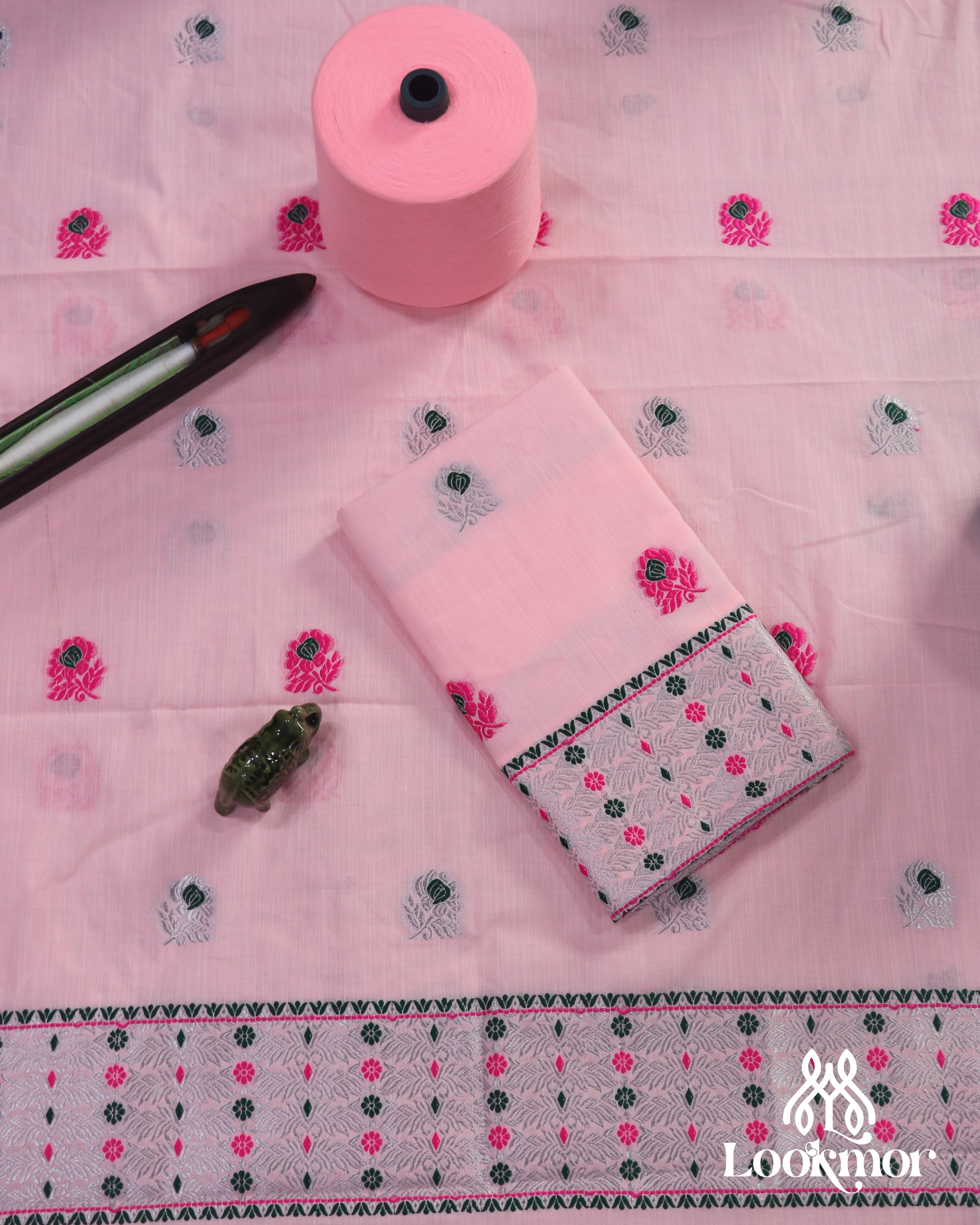 Blush Pink Cotton Kesapaat Mekhela Sador Set with Complementary Jura