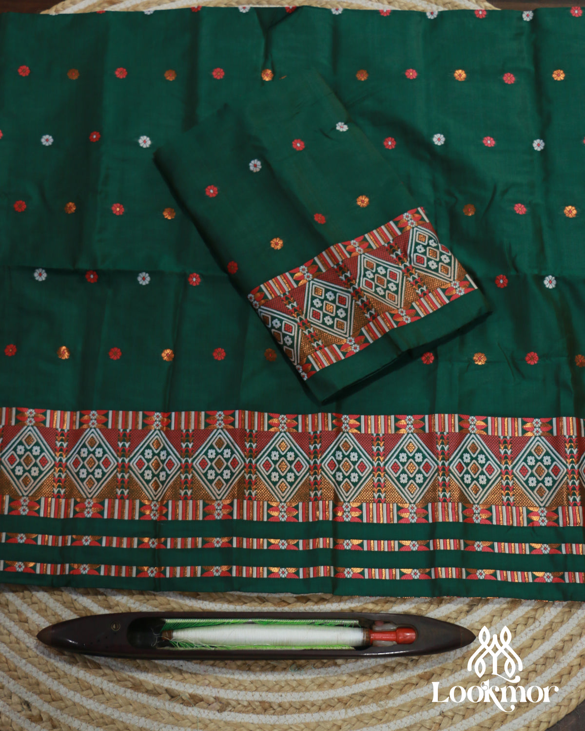 Royal Dark Green Elegant Toss Paat Set Mekhela Sador