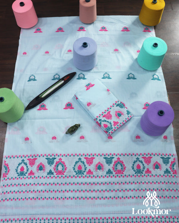 Soft Light Blue Cotton Kesapaat Mekhela Sador Set and Classic Jura