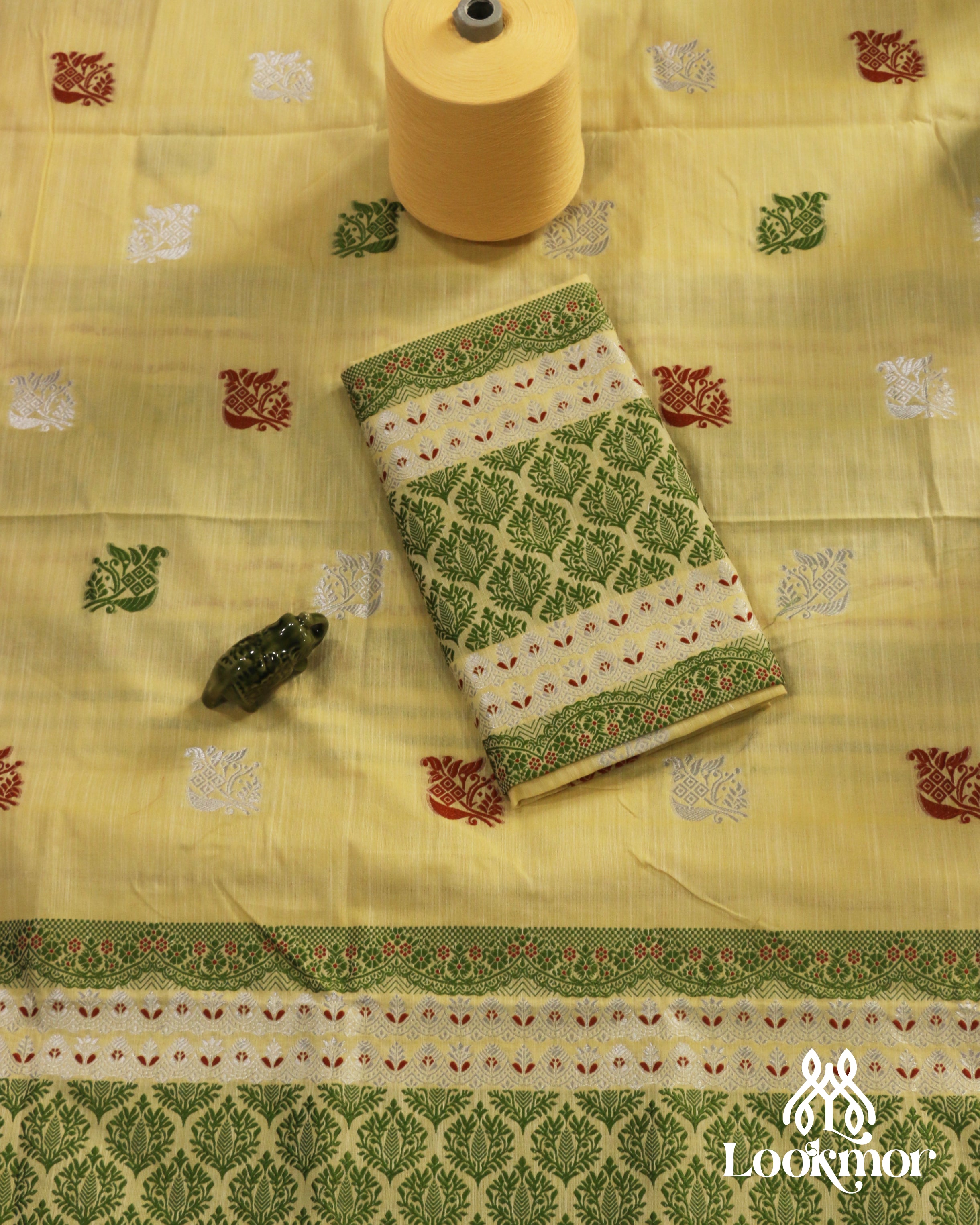 Premium Yellow Cotton Kesapaat Set Mekhela Sador with Jura