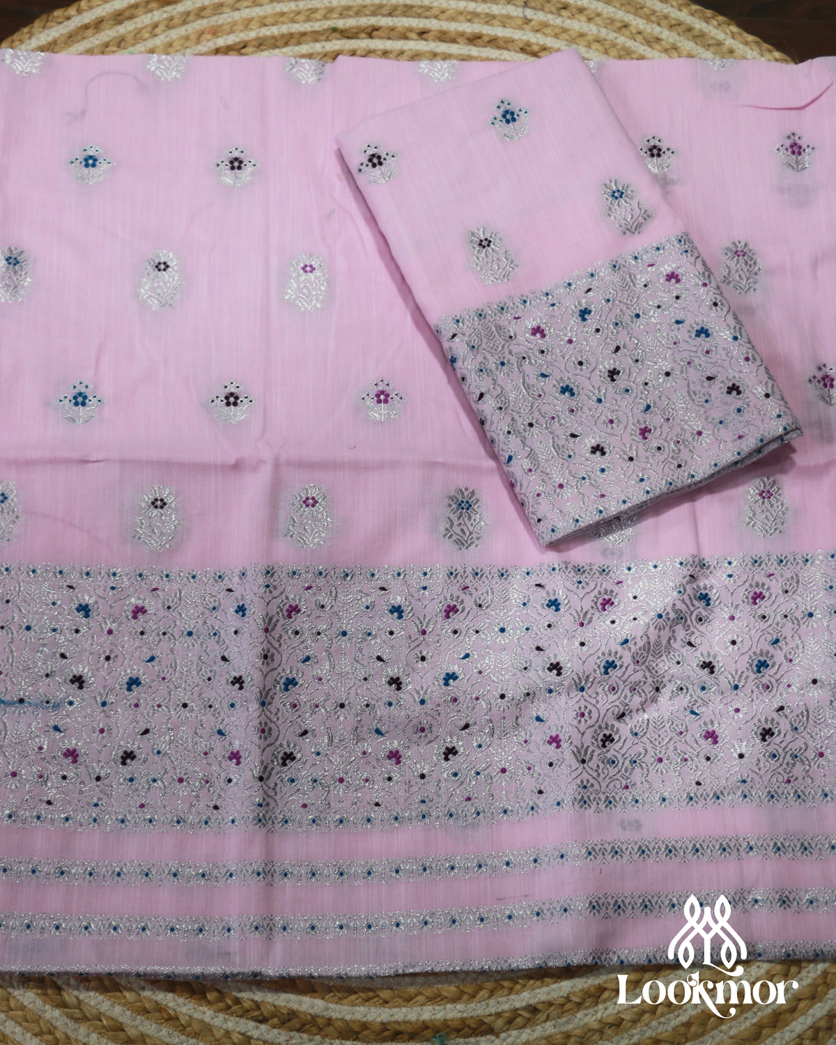 Charming Light Pink Cotton Kesapaat Mekhela Sador in Floral Motif with Graceful Jura Pairing