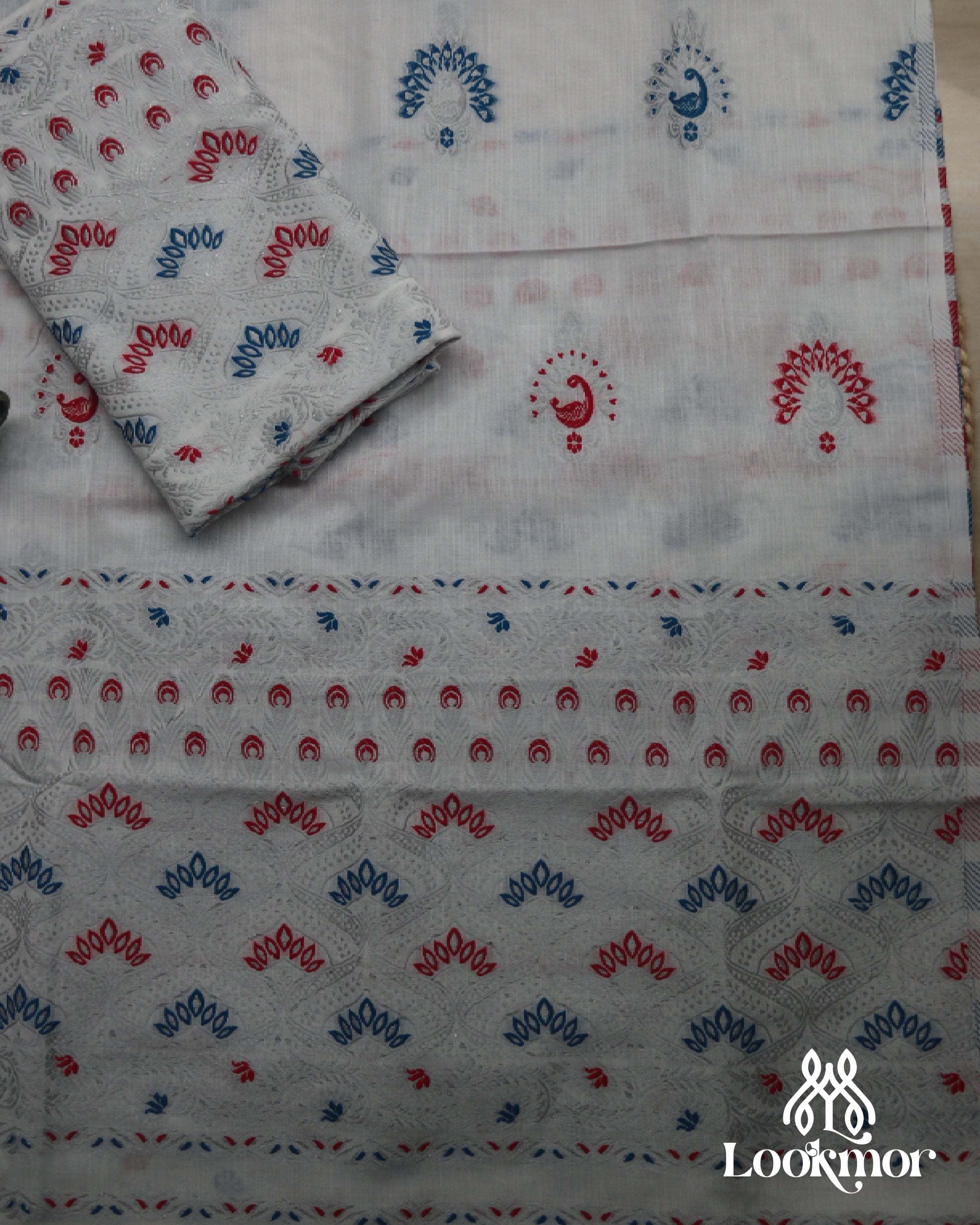 White + Red&Blue Kesapaat Paat Set Mekhela Sador