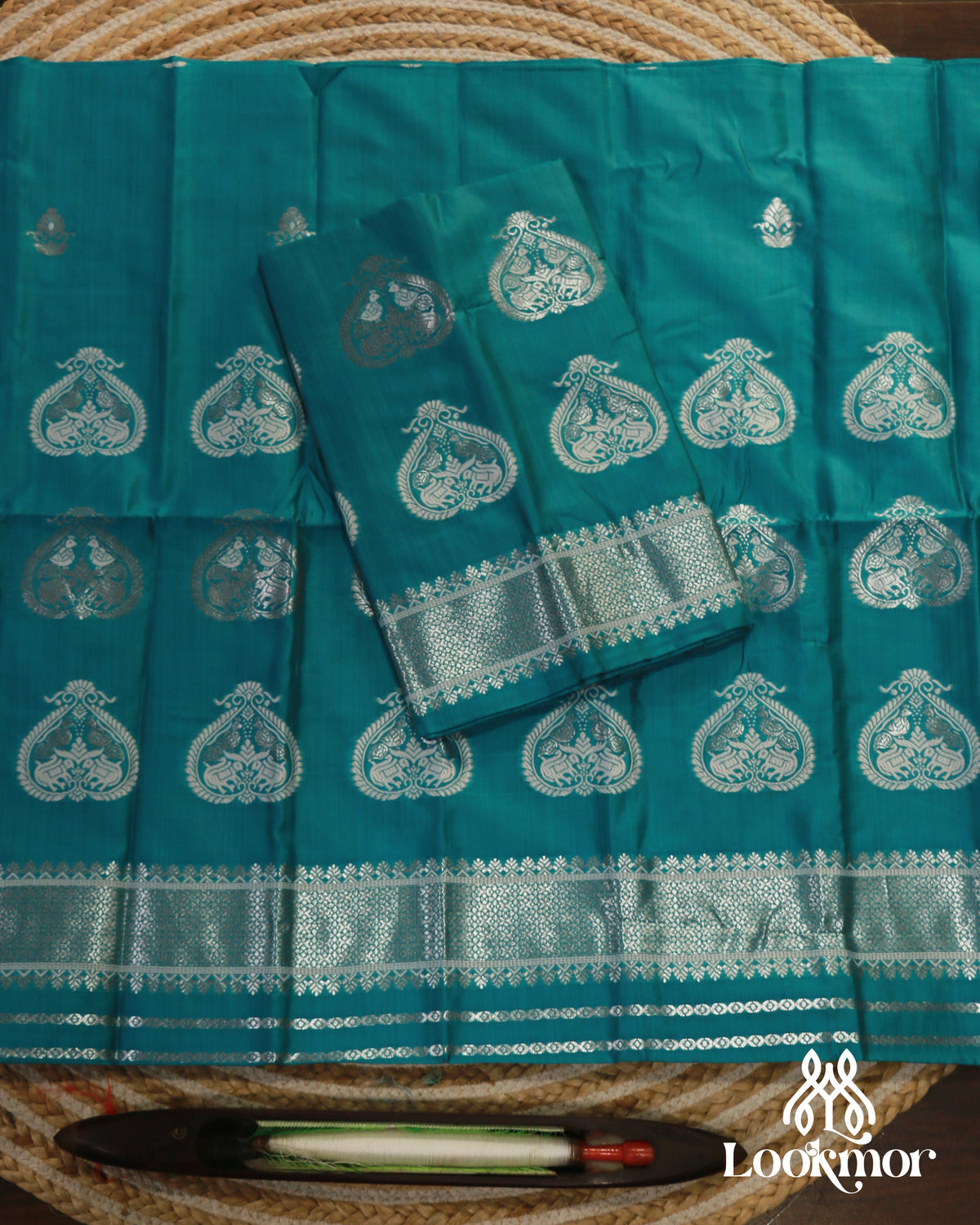 Graceful Cyan Blue Super Semi Pat Mekhela Sador with Lustrous Finish