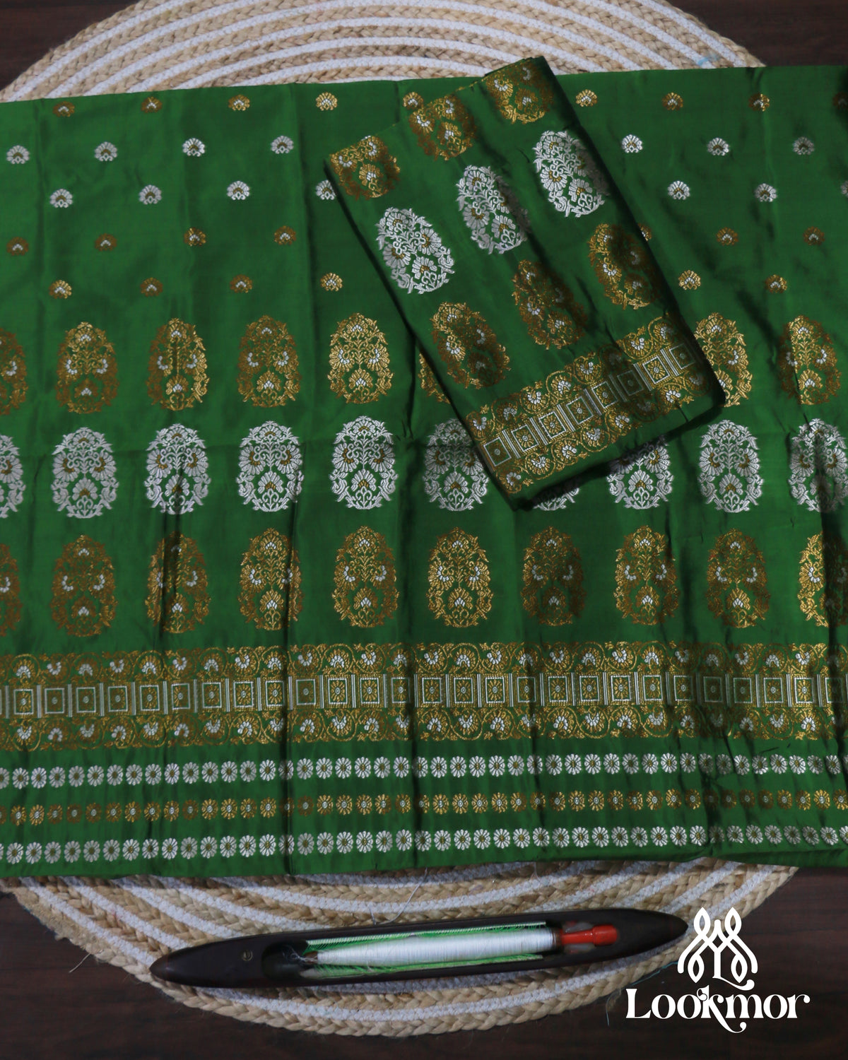 Lush Green Semi Pat Mekhela Sador with Cultural Charm