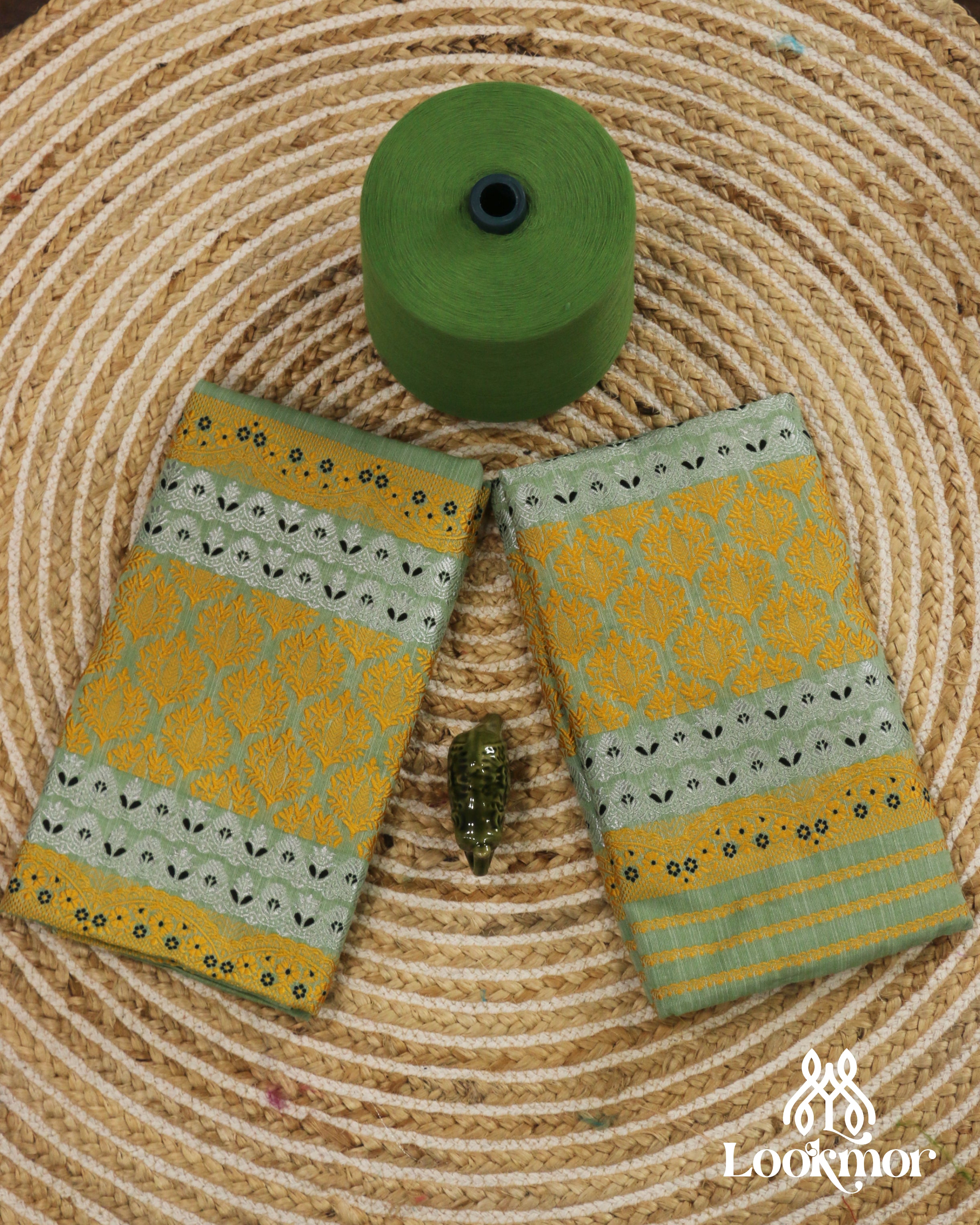 Premium Green Cotton Kesapaat Set Mekhela Sador with Jura