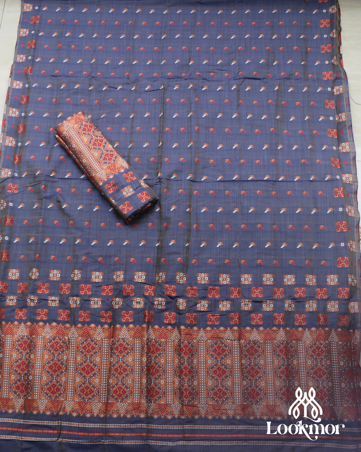 Blue Copper Jari Super Semi Paat Set Mekhela Sador