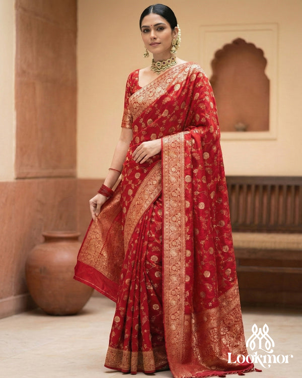 Lookmor Premium Red Banarasi Silk Saree with Golden Zari Weaving #112 | Wedding & Festive Wear Designer Saree for Women