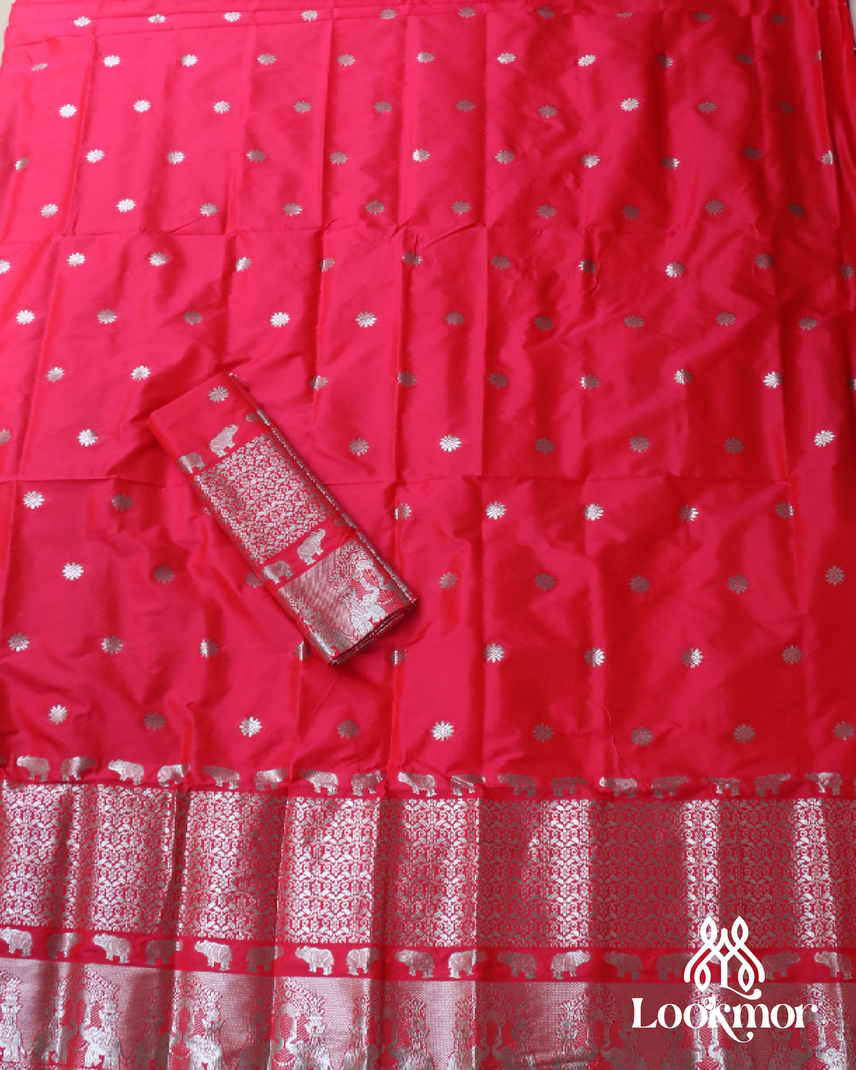 Red Pink Silver Jari Super Semi Paat Set Mekhela Sador