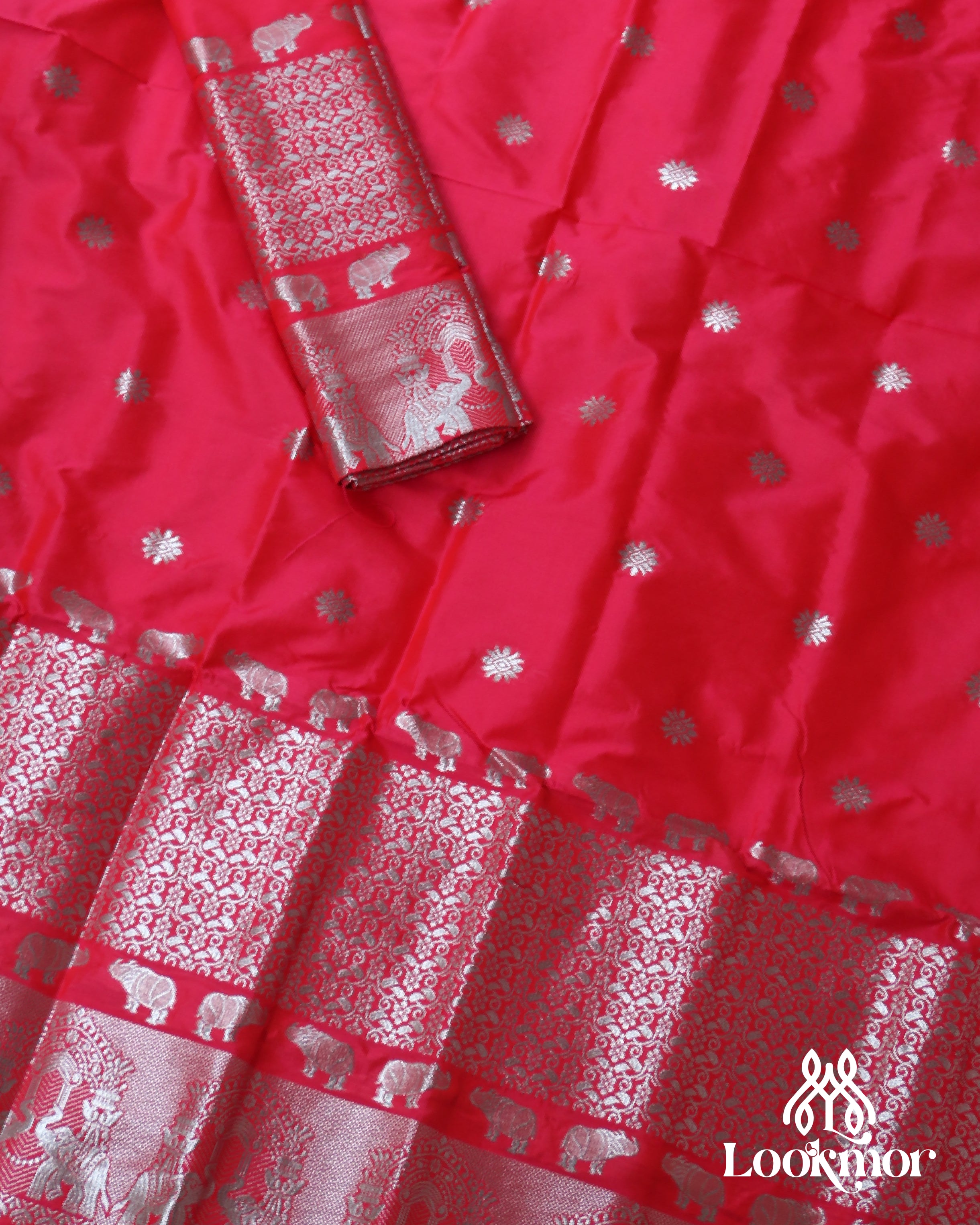 Red Pink Silver Jari Super Semi Paat Set Mekhela Sador