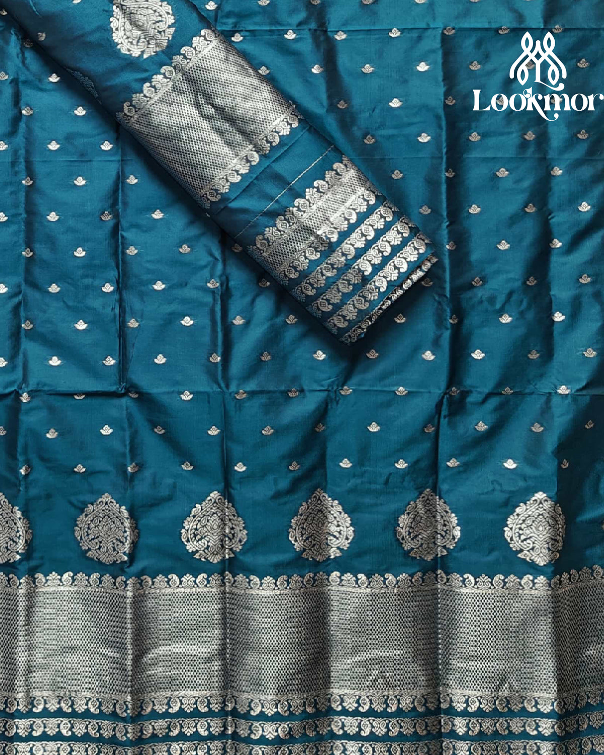 Blue Silver Jari Super Semi Paat Set Mekhela Sador