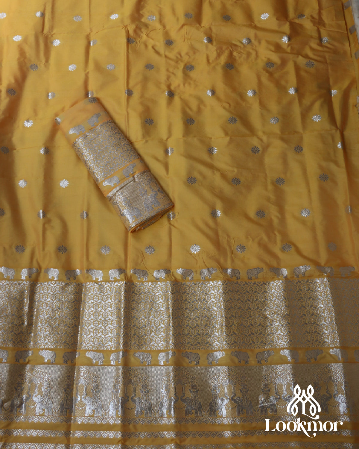 Yellow Silver Jari Super Semi Paat Set Mekhela Sador
