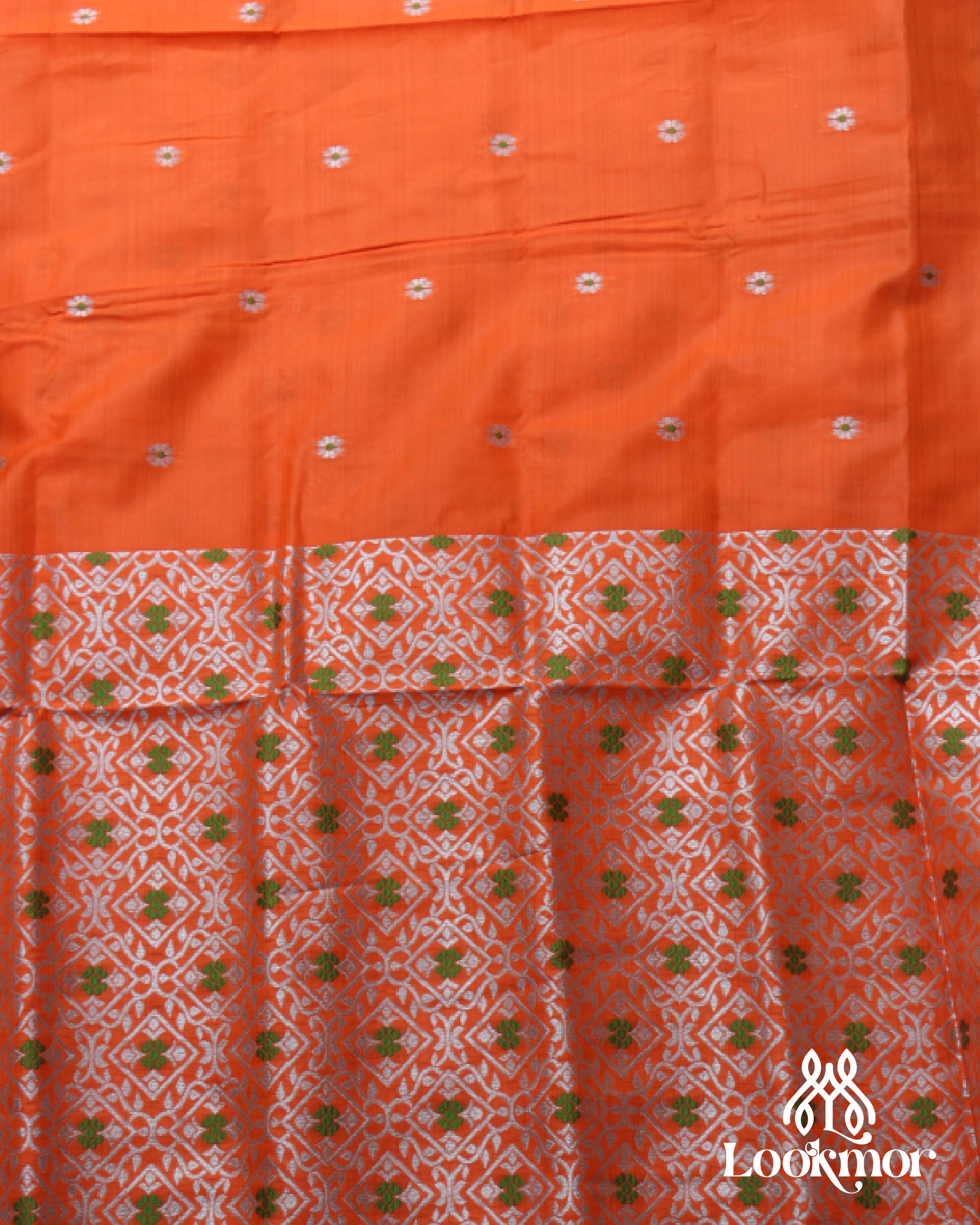 Orange Silver Jari Toss Paat Set Mekhela Sador