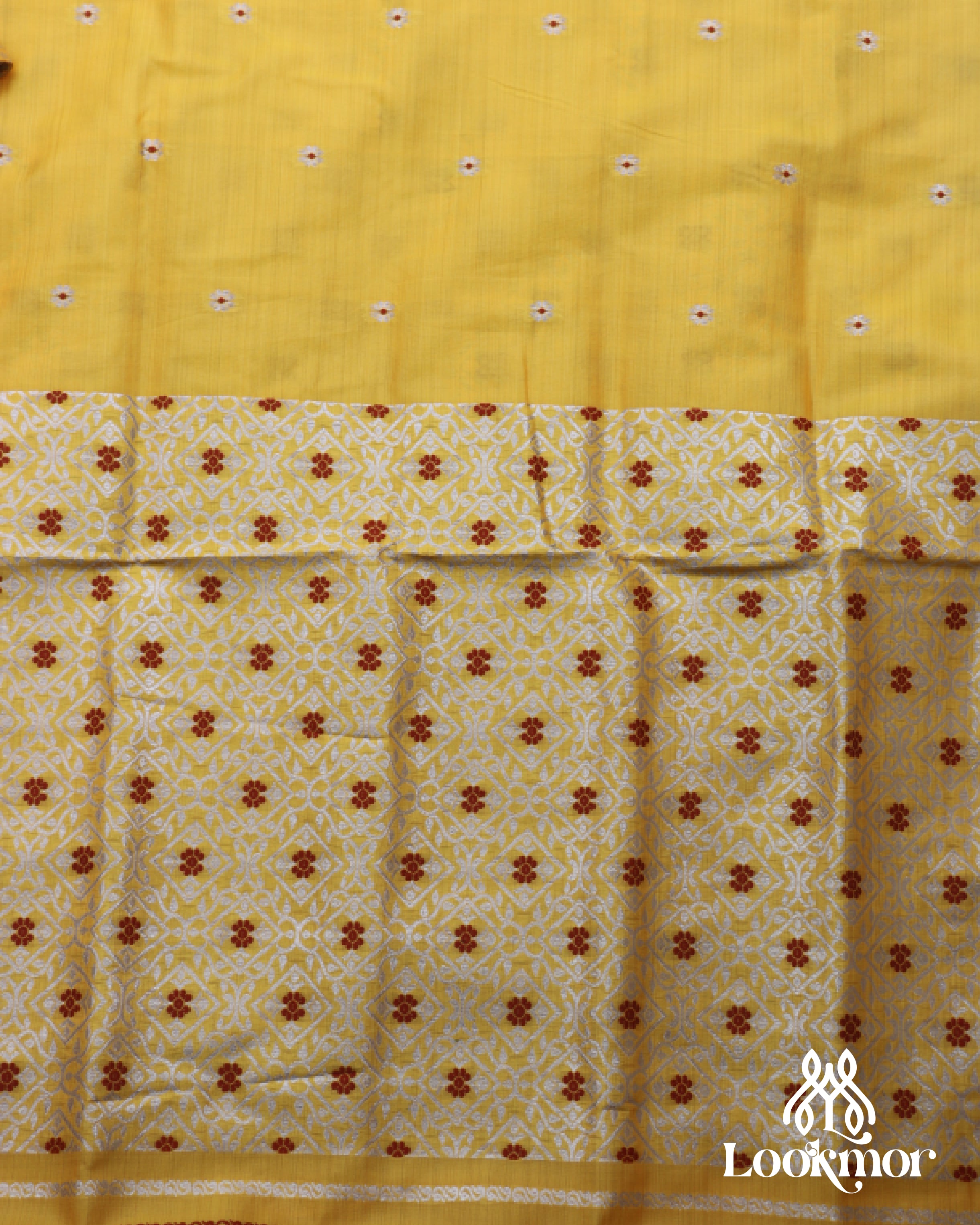 Yellow Silver Jari Toss Paat Set Mekhela Sador