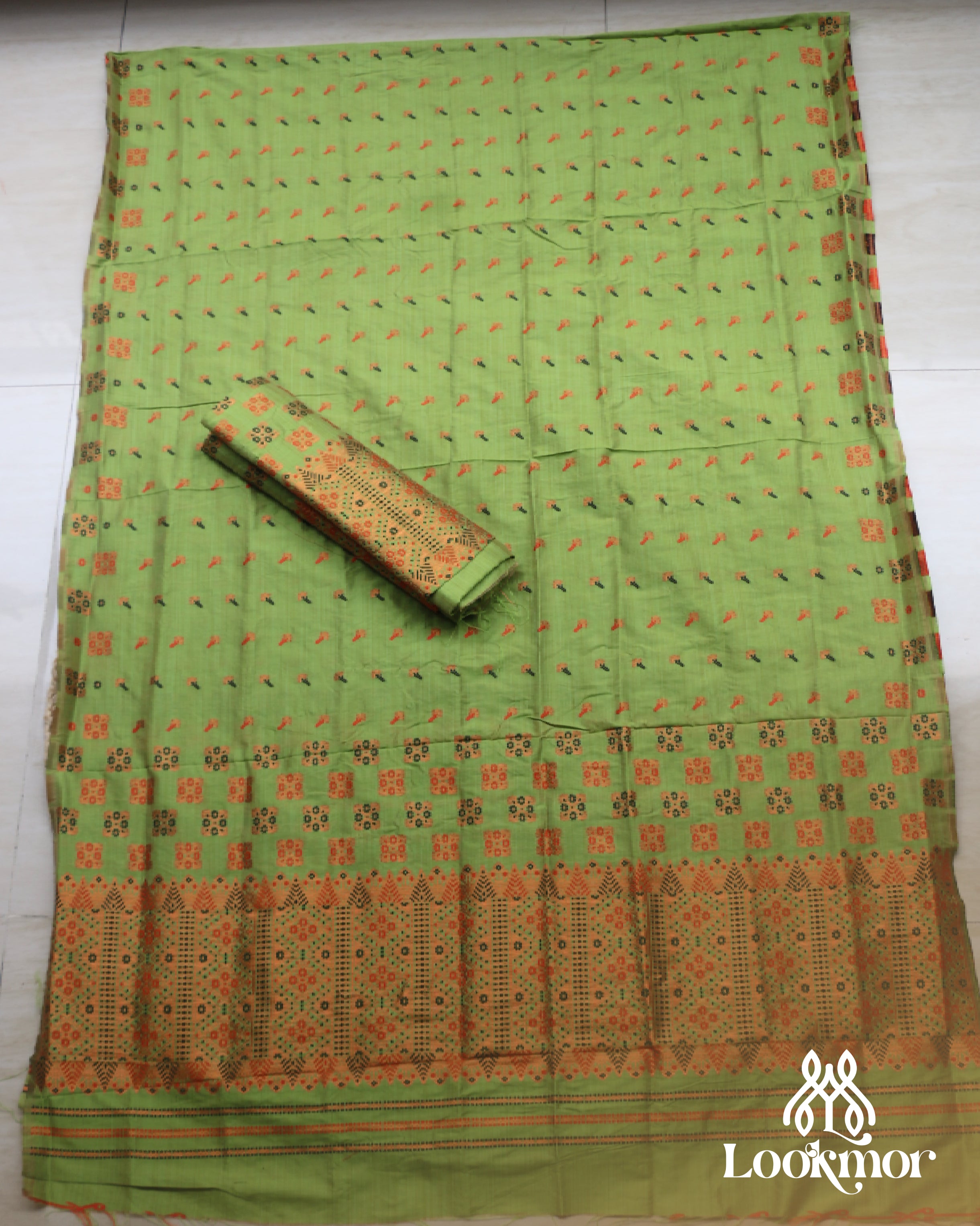 Light Green Copper Super Semi Paat Set Mekhela Sador