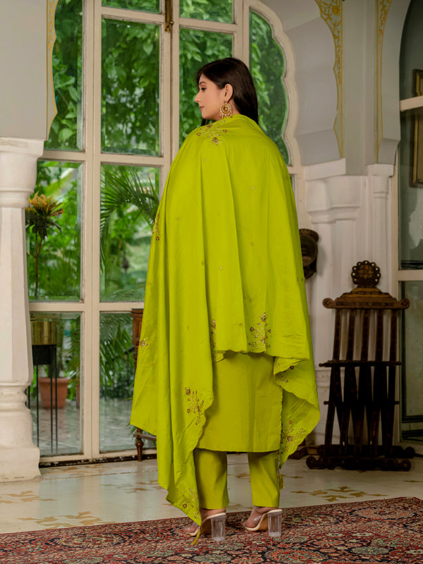 Elegant Straight Kurti Pant Dupatta Set – Parrot Green | Marina Silk Embroidered Ethnic Set (d-116)