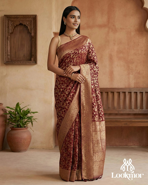 Lookmor Maroon Banarasi Silk Saree with Heavy Golden Zari Work #181 | Premium Wedding & Festive Designer Saree for Women